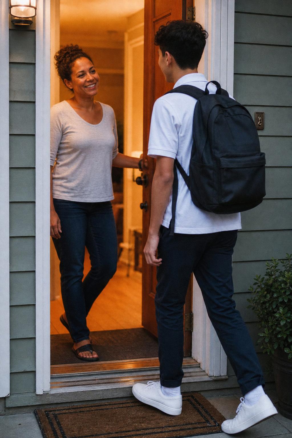Teenager arriving home after school, sharing a warm moment with a parent