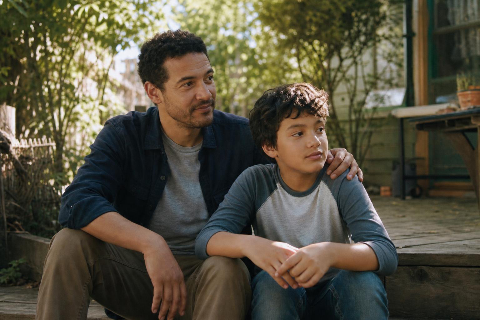 A parent and child sitting together at sunset